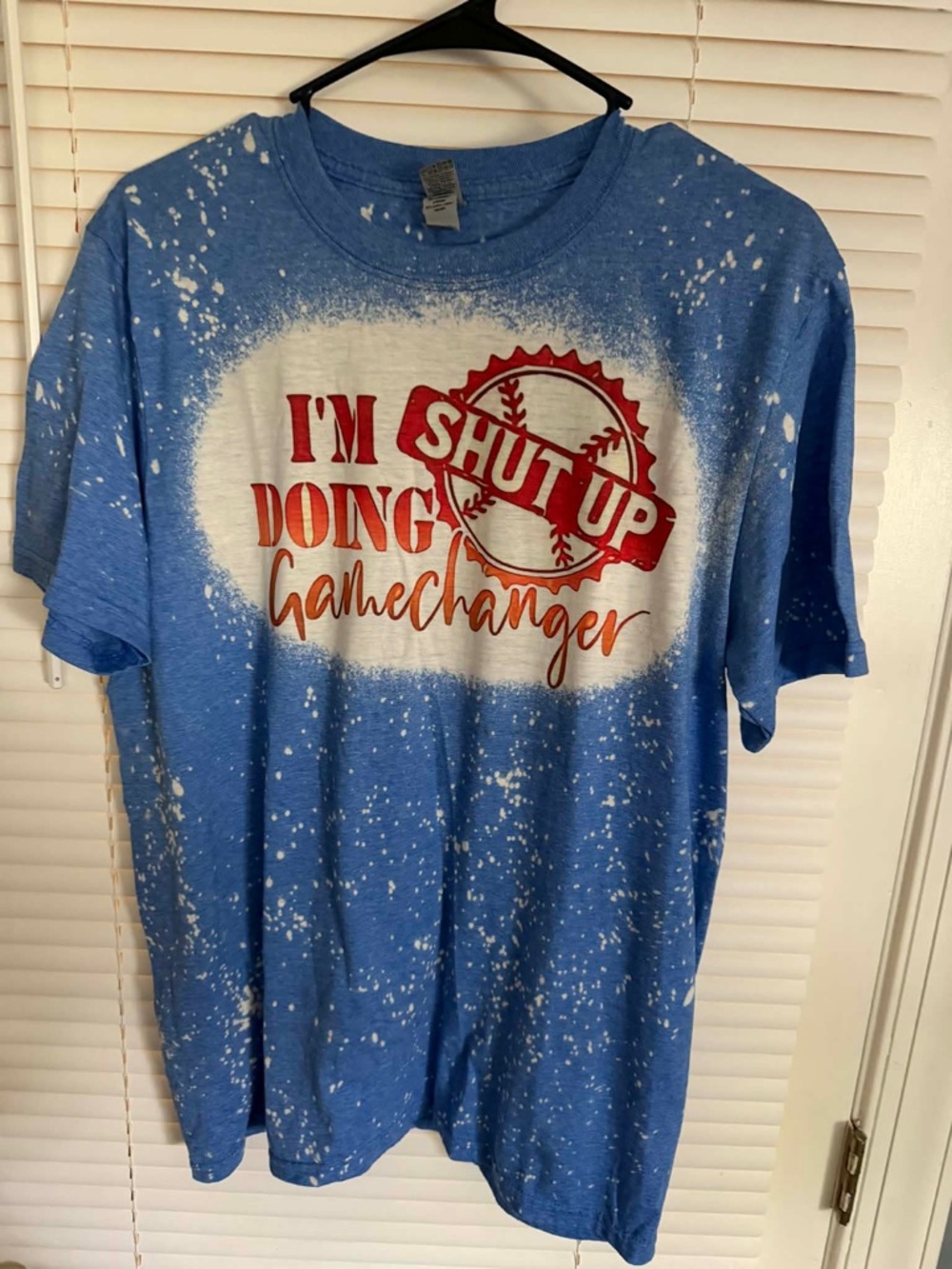 Blue Bleached Graphic Tee with Red Baseball Print